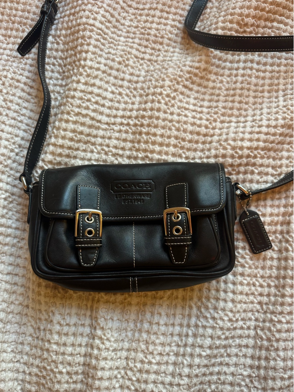 Coach 2004 Bleecker Black Leather Crossbody with Silver Double Buckle Detail